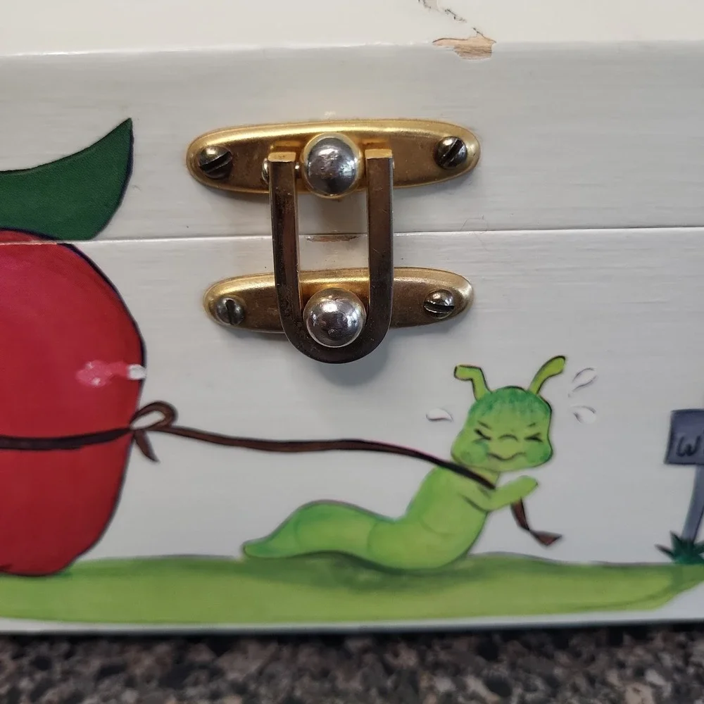 VINTAGE Hand Painted Wooden Purse Box Whimsical Caterpillar Apple Folk Art